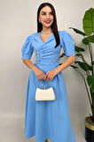 Bellagio Kadın Mavi Ceket Yaka Balon Kollu Düğme Detaylı Atlas Elbise