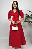 Bellagio Kadın Kırmızı Ceket Yaka Balon Kollu Düğme Detaylı Atlas Elbise