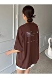 Kadın Kahverengi Life Sırt Baskılı Oversize Bisiklet Yaka T-shirt