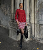 Kadın Uzun Kollu Bisiklet Yaka Kol Ağzı Ve Etek Ucu Baskılı Iki Iplik Elbise