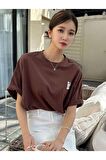 Kadın Kahverengi Life Sırt Baskılı Oversize Bisiklet Yaka T-shirt