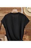 Kadın Siyah Kedi Cep Baskılı Oversize T-shirt