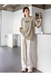 Kadın Bej Thousand Baskılı Oversize T-shirt