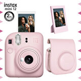 Instax mini 12 Pembe Fotoğraf Makinesi-Çerçeve ve Deri Kılıf Seti