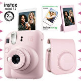 Instax mini 12 Pembe Fotoğraf Makinesi-10'lu Film-Çerçeve ve Deri Kılıf Seti