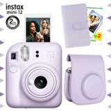 Instax mini 12 Lila Fotoğraf Makinesi-20'li Film-Laporta Albüm ve Deri Kılıf Seti