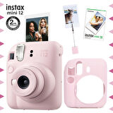Instax mini 12 Pembe Fotoğraf Makinesi-10'lu Film-Kıskaçlı Resim Standı ve Silikon Kılıf Seti