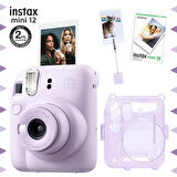Instax mini 12 Lila Fotoğraf Makinesi-10'lu Film-Kıskaçlı Resim Standı ve Simli Pleksi Kılıf Seti