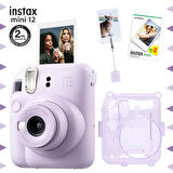 Instax mini 12 Lila Fotoğraf Makinesi-20'li Film-Kıskaçlı Resim Standı ve Simli Pleksi Kılıf Seti