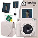 Instax SQ1 Beyaz Fotoğraf Makinesi 20li Kare Film Deri Kılıf Pleksi Çerçeve ve Kıskaçlı Stand