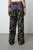 Kadın Lacivert - Krem Renk Desenli Bol Paça Beli Lastikli Pantolon