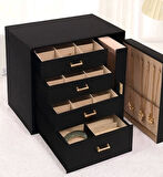 Dışı Deri İçi Kadife 6 Çekmeceli Takı Bijuteri Mücevher Kutusu Organizer Düzenleyici Siyah İthal Ürün