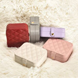 Deri Mini Baklava Desenli Seyahat Takı Bijuteri Mücevher Kutusu Organizer Düzenleyici 11,5cm Gri İthal Ürün