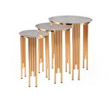 Yuvarlak Cam Zigon Sehpa 3 lü Gold Kaplama Mermer Desen Cam