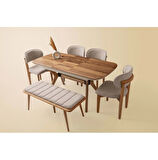 Ahşap Salon Çınar Yemek Masa Sandalye Takımı Ortadan Açılır Büyüyen 4 Sandalye 1 Bench 80x130cm