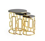 Yuvarlak Cam Zigon Sehpa 3 lü Gold Kaplama Bronz Cam