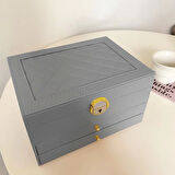 Dışı Deri İçi Kadife Kilitli 2 Çekmeceli Takı Bijuteri Mücevher Kutusu Organizer Düzenleyici Gri İthal Ürün