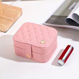 Deri Mini Baklava Desenli Seyahat Takı Bijuteri Mücevher Kutusu Organizer Düzenleyici 11,5cm Pembe İthal Ürün