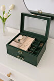 Dışı Deri İçi Kadife Kilitli Çekmeceli Takı Bijuteri Mücevher Kutusu Organizer Düzenleyici Yeşil İthal Ürün