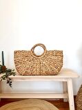 Dekoratif Kulplu Su Sümbülü Hasır Sepet Çanta/Plaj Çantası 42x17cm