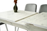 Ortadan Açılır Büyüyen 70x120cm Mermer Desen Ahşap Salon Yemek Masa Gri Siesta Sandalye Takımı 4 Sandalyeli