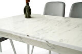 Ortadan Açılır Büyüyen 70x120cm Mermer Desen Ahşap Salon Yemek Masa Gri Siesta Sandalye Takımı 4 Sandalyeli