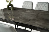 Ortadan Açılır Büyüyen 80x130cm Siyah Mermer Desen Ahşap Salon Yemek Masa Gri Yonca Sandalye Takımı 4 Sandalyeli