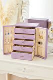 Dışı Deri İçi Kadife 5 Çekmeceli Takı Bijuteri Mücevher Kutusu Organizer Düzenleyici Lila İthal Ürün