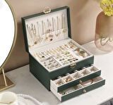 Dışı Deri İçi Kadife Kilitli 2 Çekmeceli Takı Bijuteri Mücevher Kutusu Organizer Düzenleyici Yeşil İthal Ürün