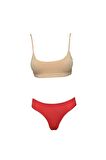 Pedli İp Askılı Yarım Atlet Büstiyer Külot Takım Ten Kırmızı