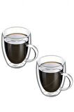 2'Li Çift Cidarlı Bardak  Isıya Dayanıklı Borosilikat Espresso Sunum Bardağı Kulplu Kahve Kupa -350ml
