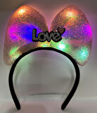 Led Işıklı 3 Farklı Fonksiyonda Yanan Gümüş Love Yazılı Toz Pembe Fiyonk Taç 20X17 cm