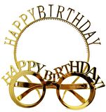 Happy Birthday Yazılı Taç ve Happy Birthday Yazılı Gözlük Seti Altın Renk
