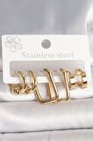 316L Çelik Gold Renk Halka Kare Model Kadın Küpe Seti - TJ-BKP10385