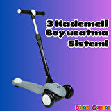 Lupa Katlanabilir Işıklı 3 Tekerlekli Gri Scooter - Işıklı Scooter - Slikon Teker Scooter - Çocuk Scooter - İttir Git