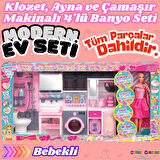 Bebekli Oyuncak Dörtlü Modern Banyo Seti - Modern Banyo Seti - Banyo Oyuncak Seti - Klozet, Tuvalet, Aynalı Lavabo, Ütü, Çamaşır Makinesi Oyuncak