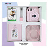 Instax mini 12 Pembe Fotoğraf Makinesi 10'lu Film Simli Pleksi Kılıf PVC Albüm ve Kıskaçlı Resim Standı Bundle Box