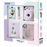 Instax mini 12 Pembe Fotoğraf Makinesi 10'lu Film Simli Pleksi Kılıf PVC Albüm ve Kıskaçlı Resim Standı Bundle Box