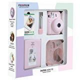 Instax mini 12 Pembe Fotoğraf Makinesi 10'lu Film Simli Pleksi Kılıf PVC Albüm ve Kıskaçlı Resim Standı Bundle Box