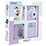 Instax mini 12 Lila Fotoğraf Makinesi 10'lu Film Simli Pleksi Kılıf Mandal ve Kıskaçlı Resim Standı Bundle Box