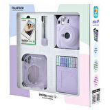 Instax mini 12 Lila Fotoğraf Makinesi 10'lu Film Simli Pleksi Kılıf Mandal ve Kıskaçlı Resim Standı Bundle Box
