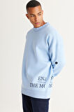 Erkek Açık Mavi Oversize Fit Bol Kesim Içi Polarlı 3 Iplik Pamuklu Baskılı Sweatshirt