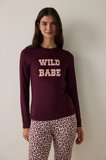 Bordo  Sloganlı Uzun Kollu Termal Etkili Pijama Üstü