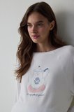 Kırık Beyaz Tea Time Bisiklet Yaka Termal Etkili Sweatshirt Pijama Üstü