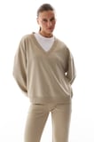 Bej Geniş V Yakalı Sweatshirt