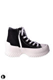 Kadın Siyah Rahat Kalıp Keten Bilekli Günlük Spor Kalın Tabanlı -5cm- Bağcıklı Sneaker Ayakkabı