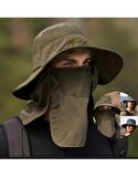 Captain Fisherman Style Foter BG-9073 Haki Renk Fileli Fötr Şapka + Çıkarılabilir Yüz ve Ense Korumaları