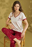 Kadın Desenli V Yaka Düğmesiz Yazlık Viskon Kısa Kol Pijama Takımı