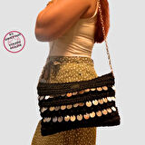 Uretti - Nuran 9092 - El Yapımı Kağıt İp Clutch Çanta Aynalı   20cm -Siyah