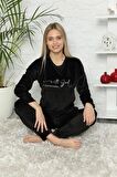 Pijamoni Kadın Siyah Fransız Kadife Pijama Takımı